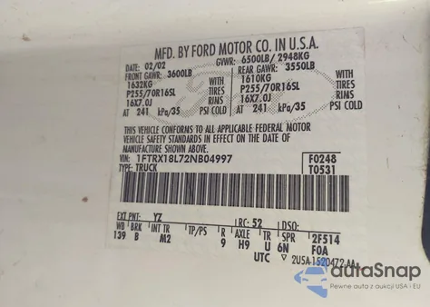 2002 Ford F-150 Lariat/Xl/Xlt from USA, damaged, VIN 1FTRX18L72NB04997